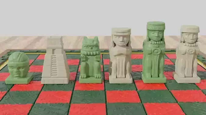 Aztec  Olmec Chess pieces  with Board Blender 3D print model