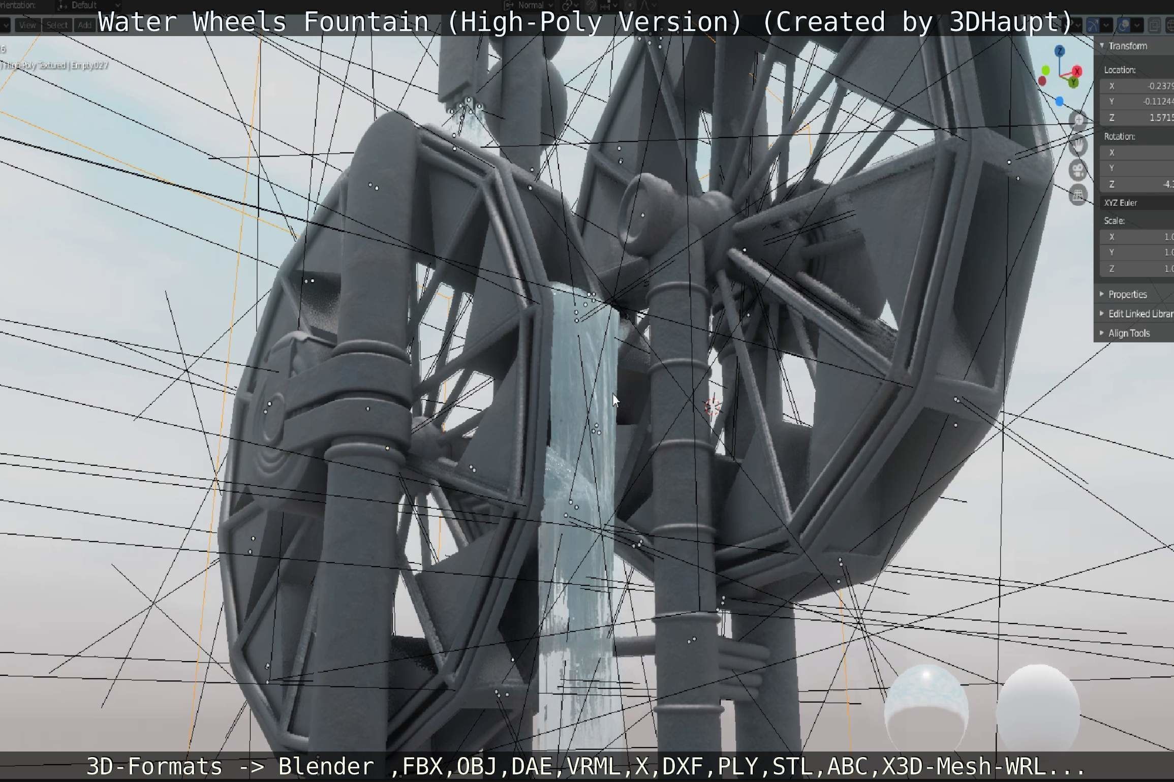 Waterwheels Fountain High-Poly Version 3D model_33