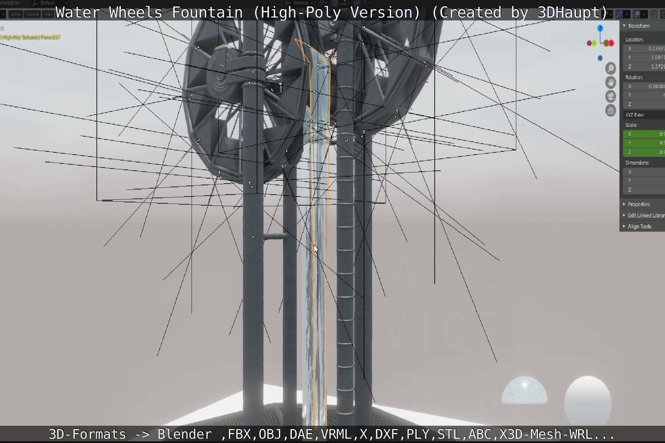 Waterwheels Fountain High-Poly Version 3D model_90