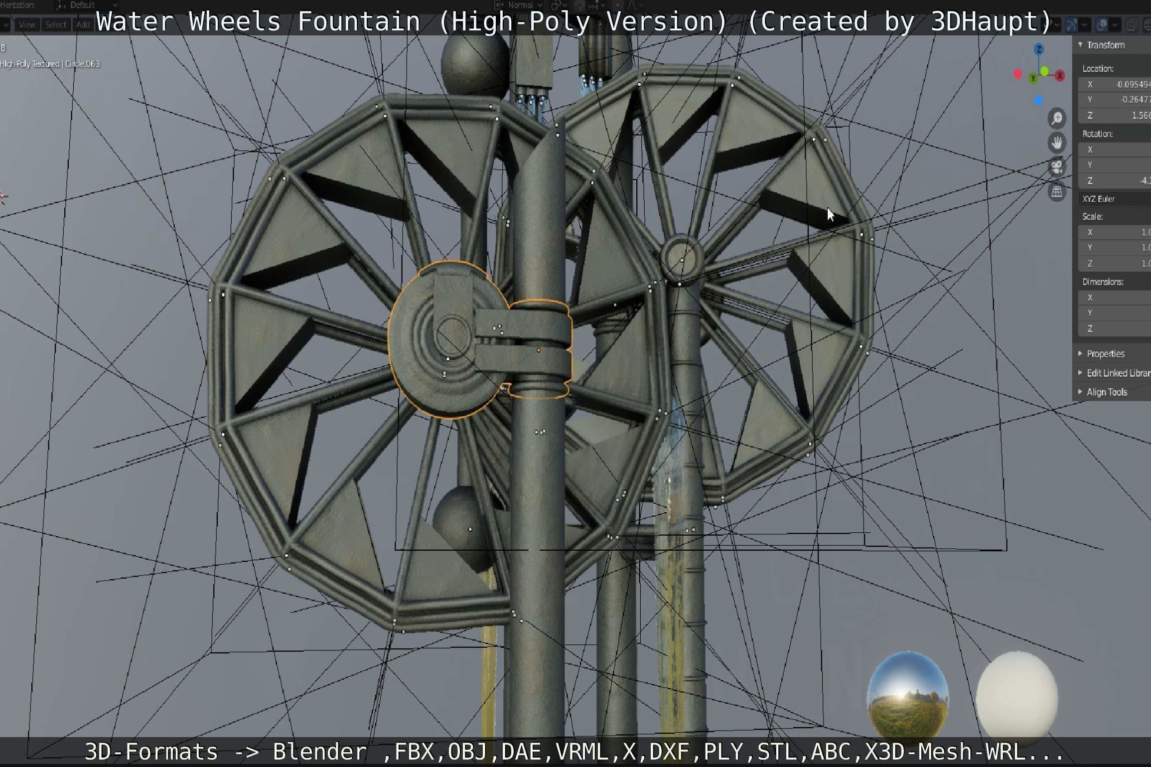 Waterwheels Fountain High-Poly Version 3D model_89