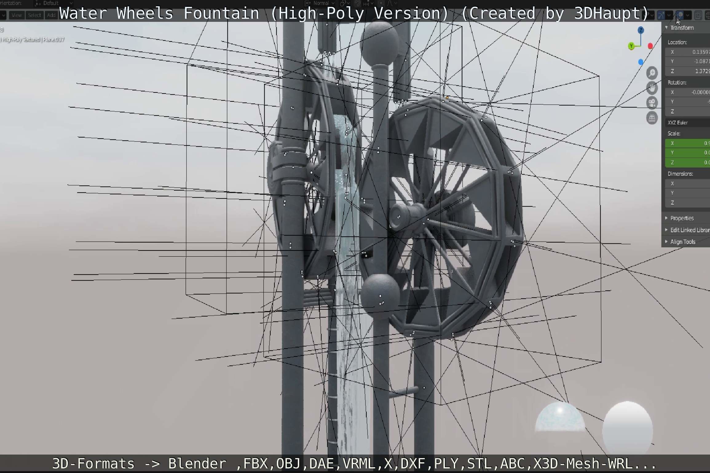 Waterwheels Fountain High-Poly Version 3D model_43
