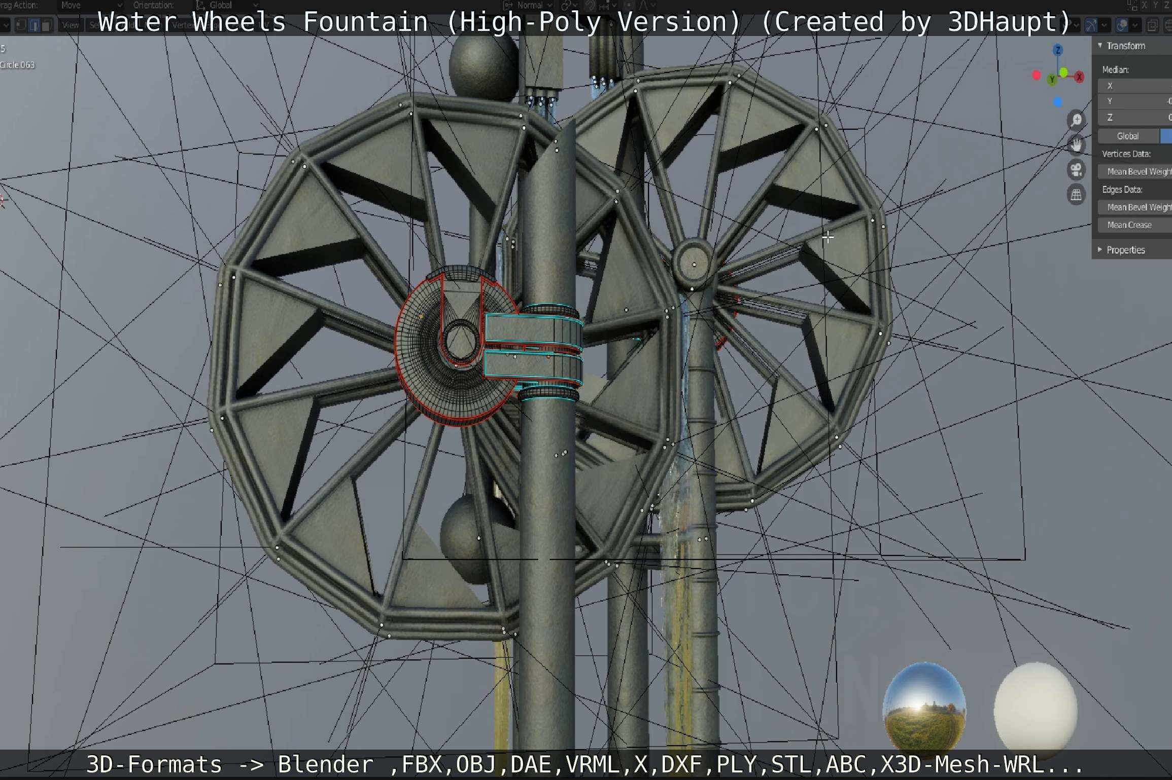 Waterwheels Fountain High-Poly Version 3D model_14