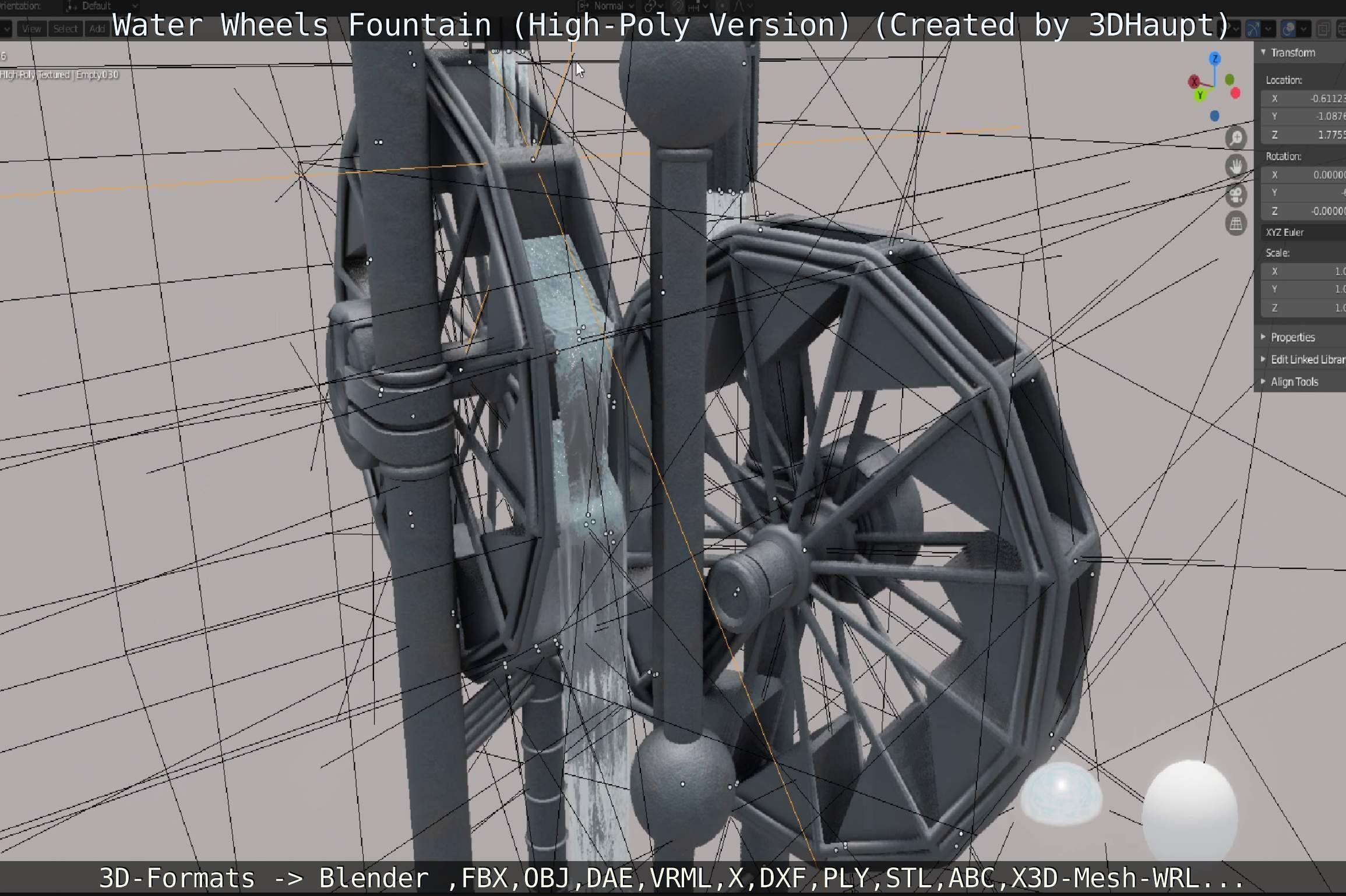 Waterwheels Fountain High-Poly Version 3D model_37