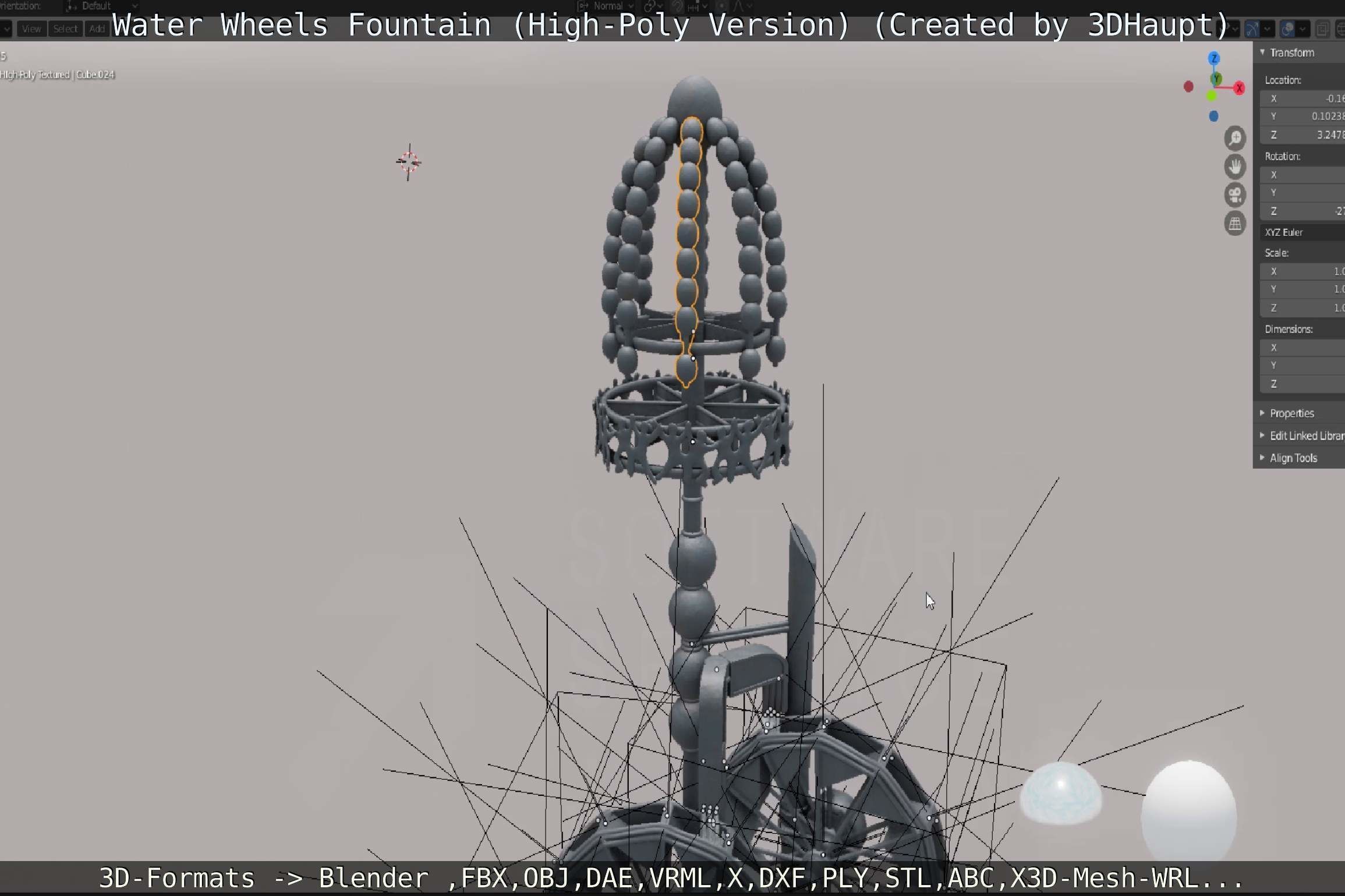 Waterwheels Fountain High-Poly Version 3D model_36