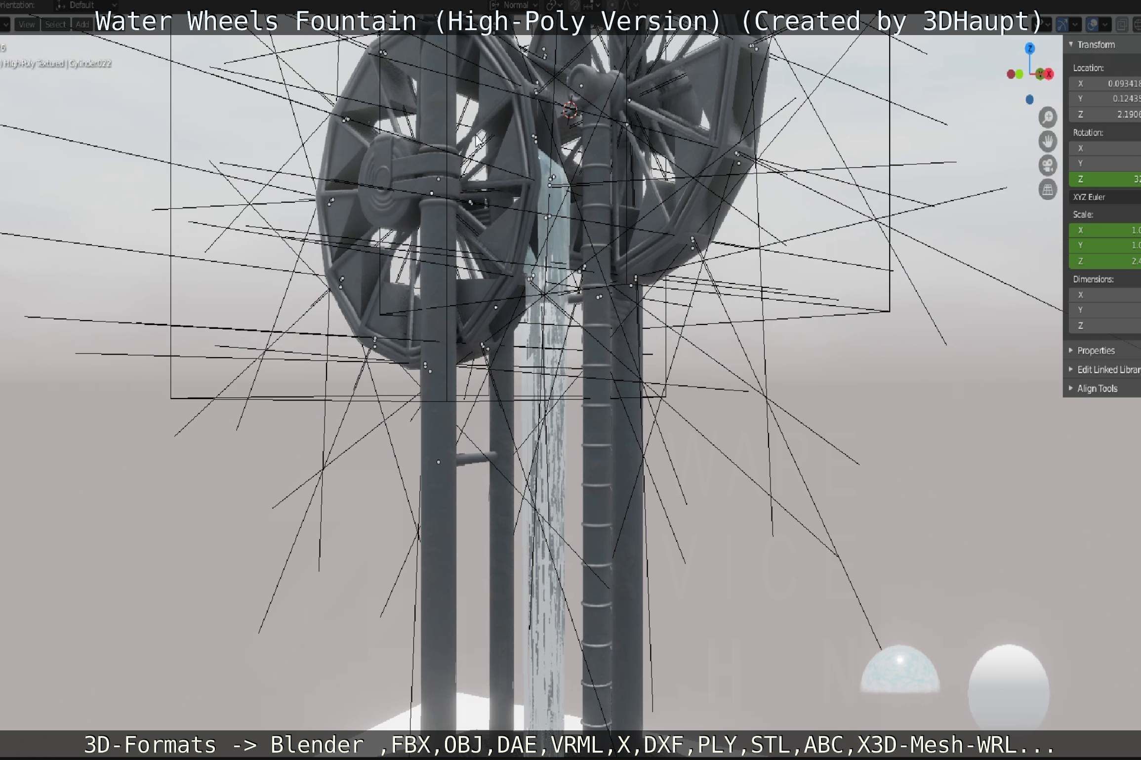 Waterwheels Fountain High-Poly Version 3D model_39