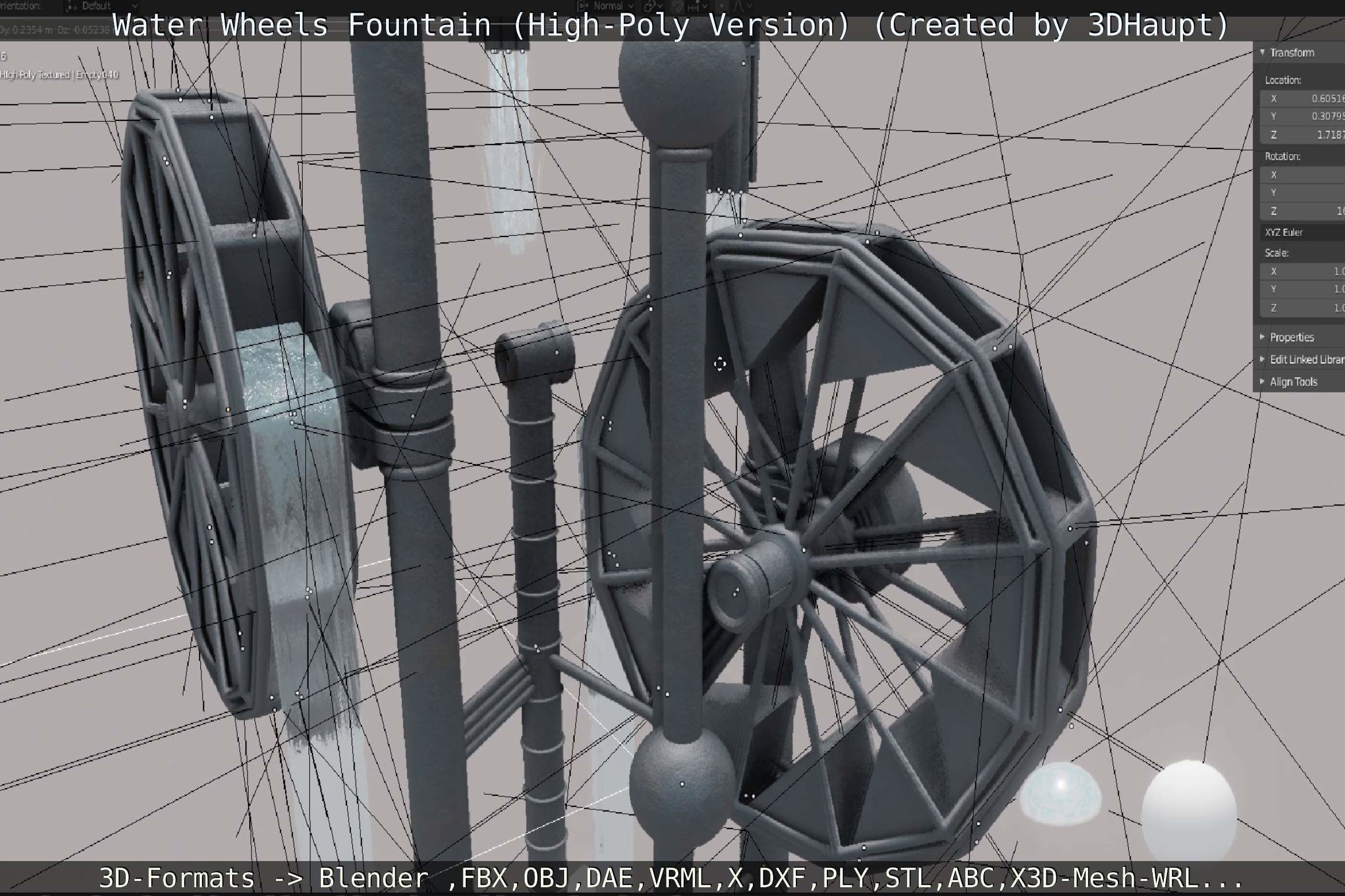 Waterwheels Fountain High-Poly Version 3D model_79