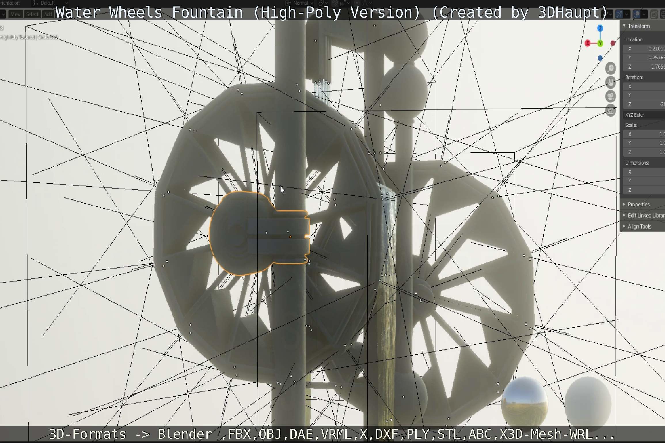 Waterwheels Fountain High-Poly Version 3D model_23