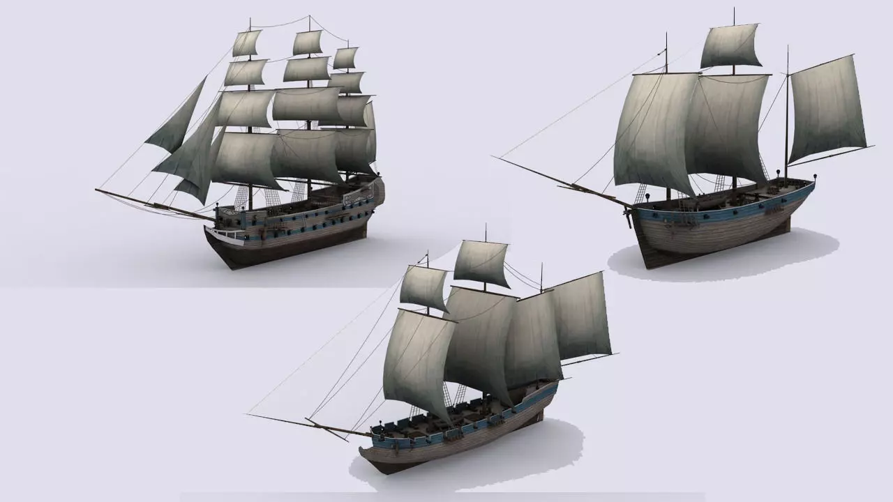 Three sailing ship Low-poly 3D model_0