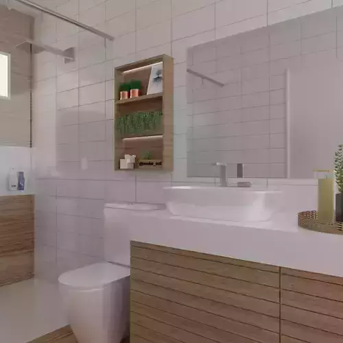 Realistic bathroom Low-poly with walls and wooden floors