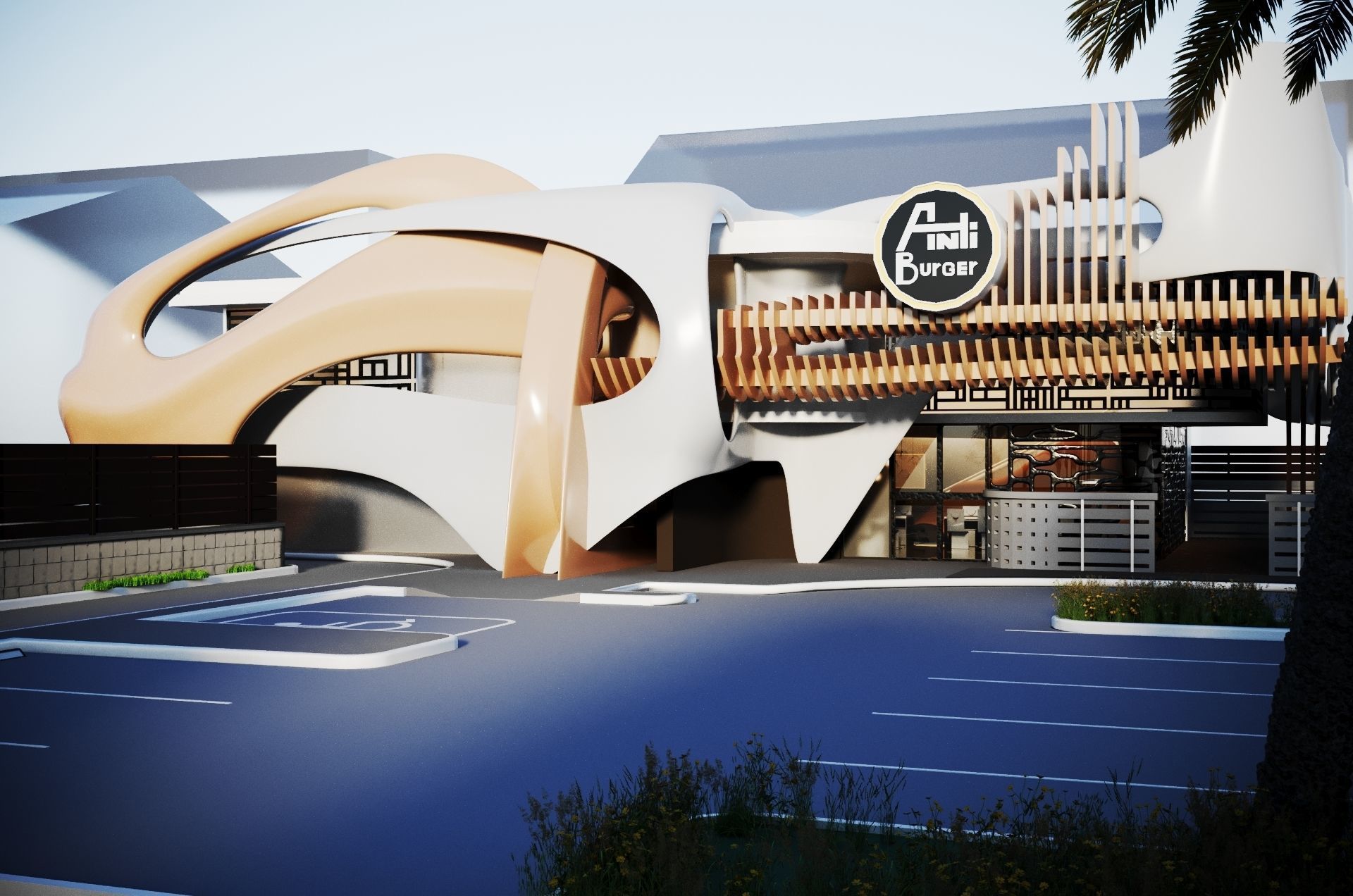 Restaurant futuristic building with palm trees 3D model_3