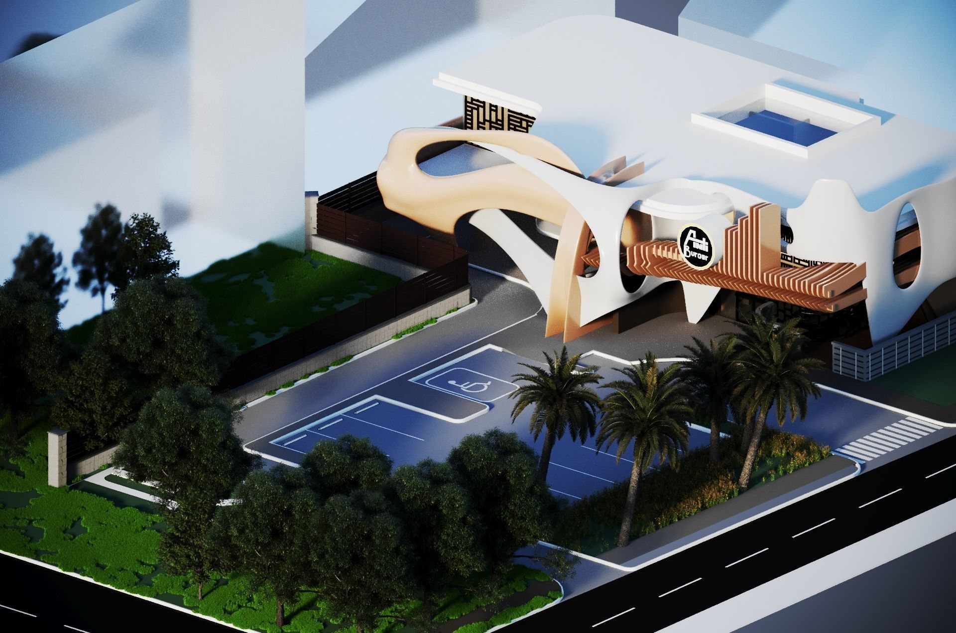 Restaurant futuristic building with palm trees 3D model_4