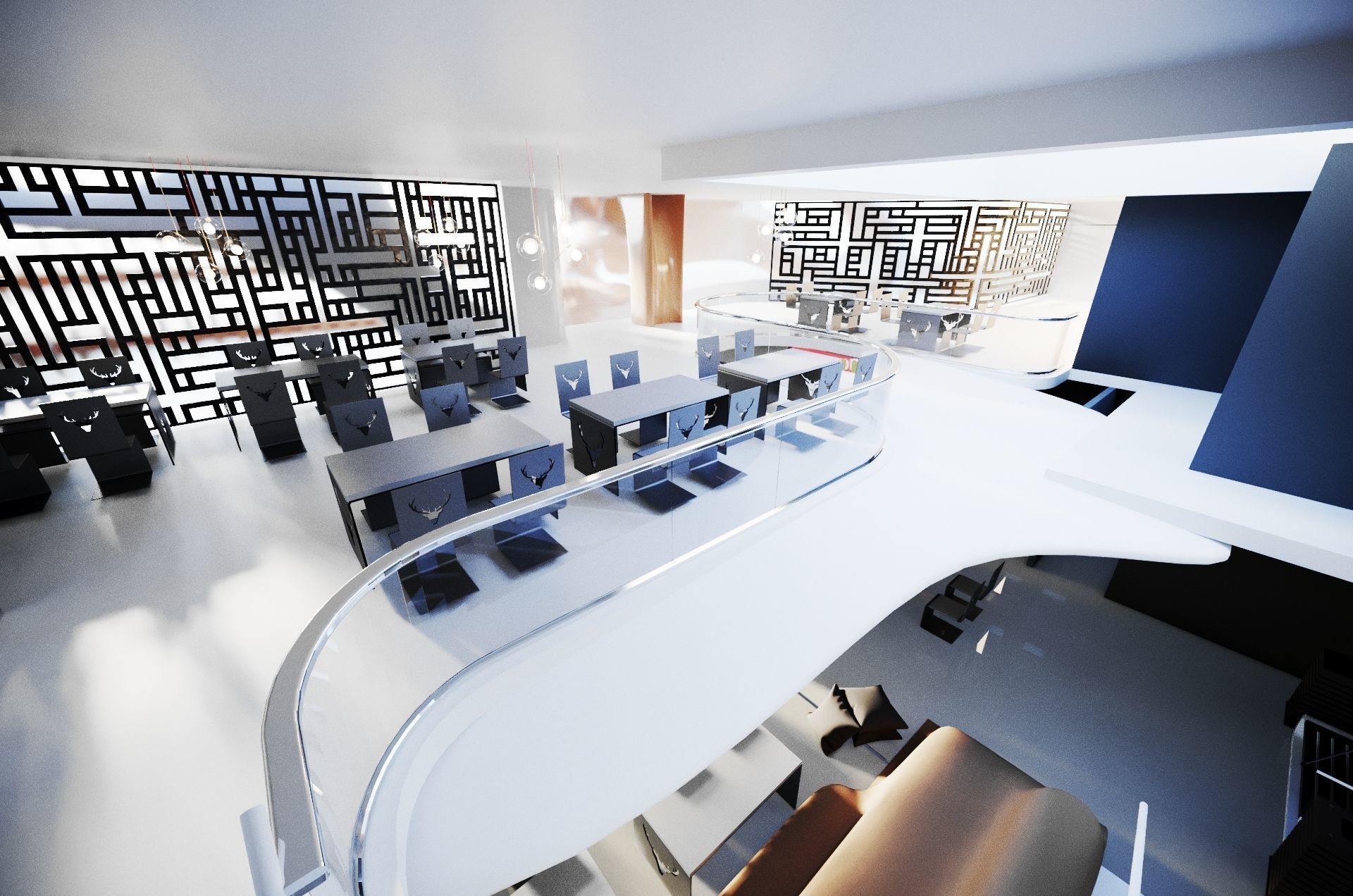 Restaurant futuristic building with palm trees 3D model_1