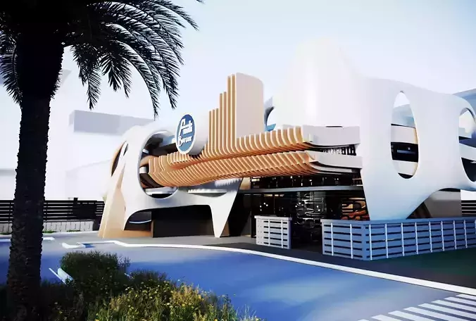 Restaurant futuristic building with palm trees