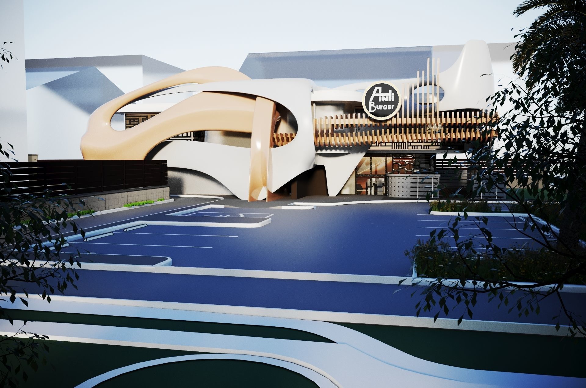 Restaurant futuristic building with palm trees 3D model_2