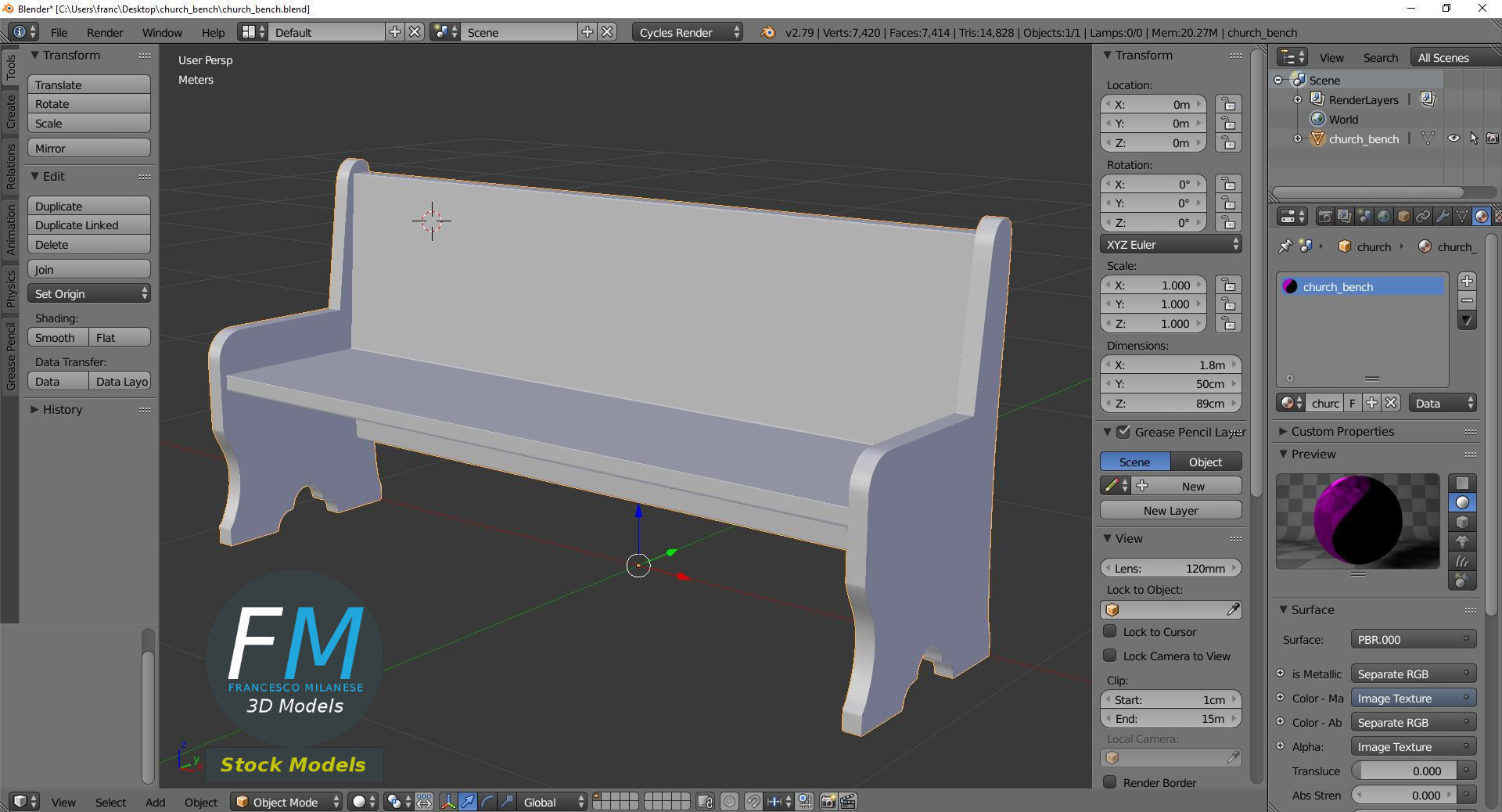 Church bench 3D model_9