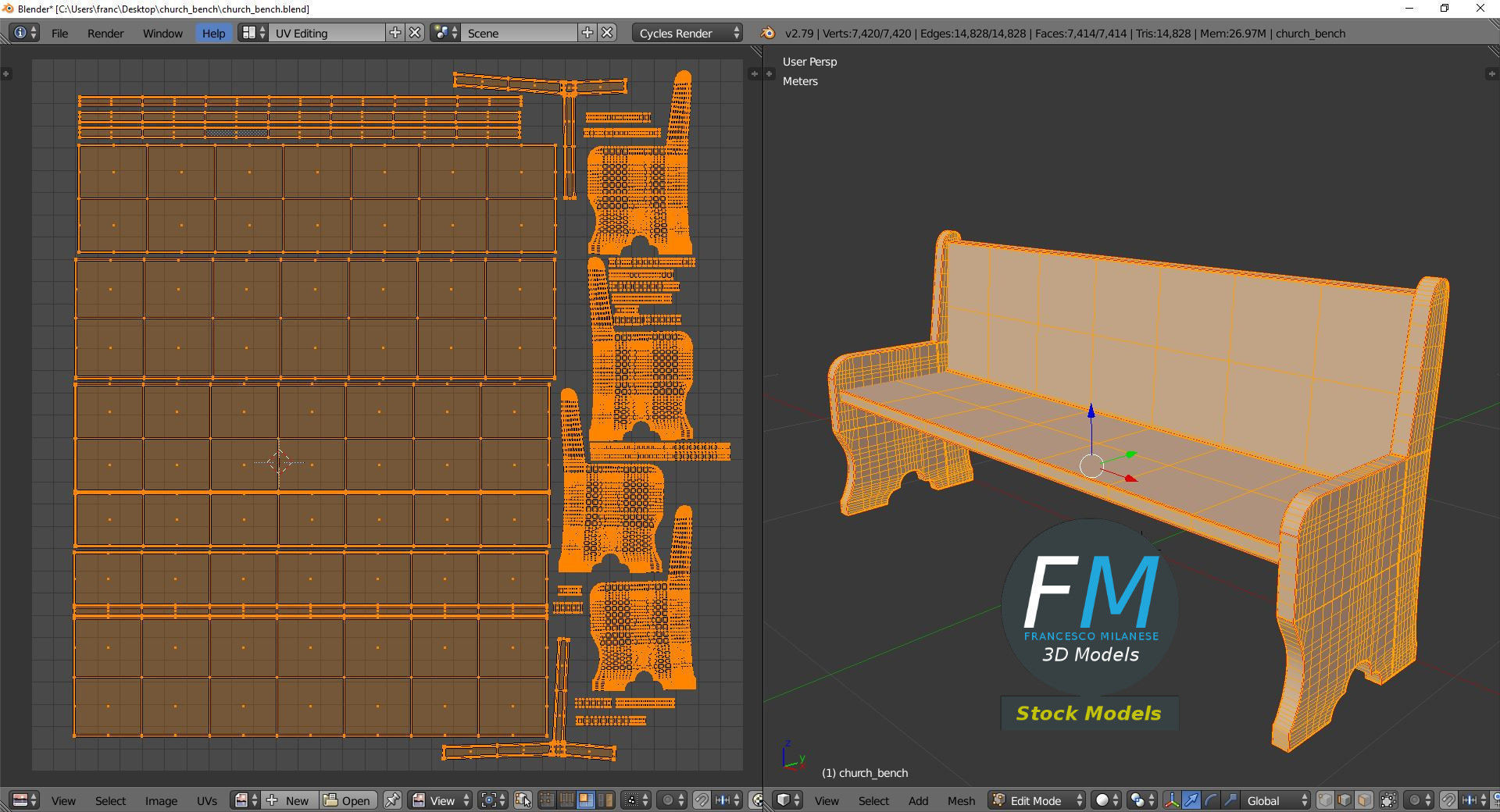 Church bench 3D model_10