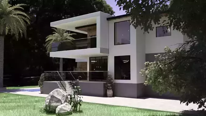 Modern Furnished Realistic Double Story House with Foliage 3D model