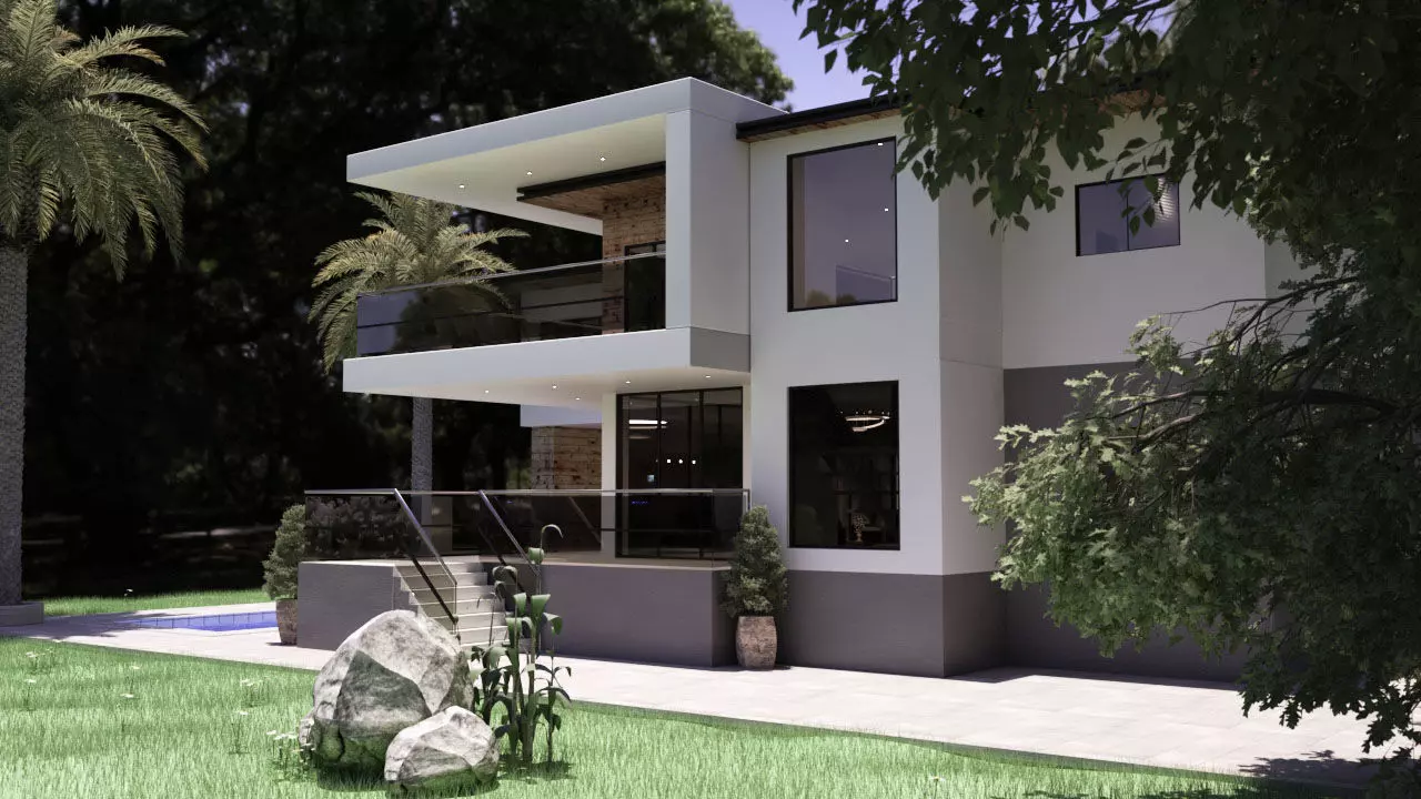 Modern Furnished Realistic Double Story House with Foliage 3D model