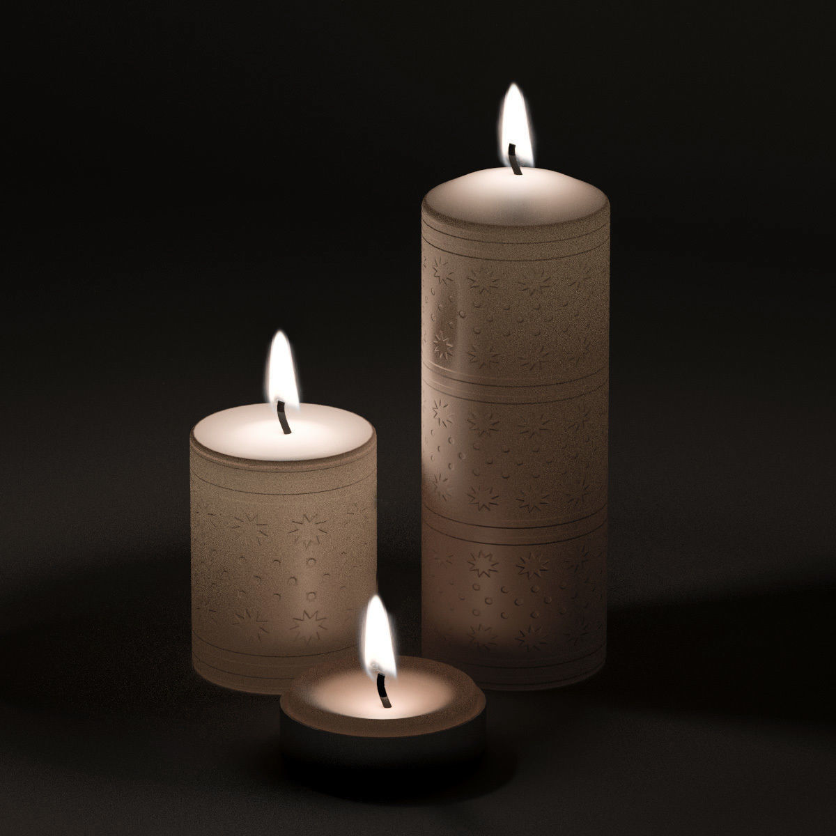Candles three with candle in middle 3D model_3