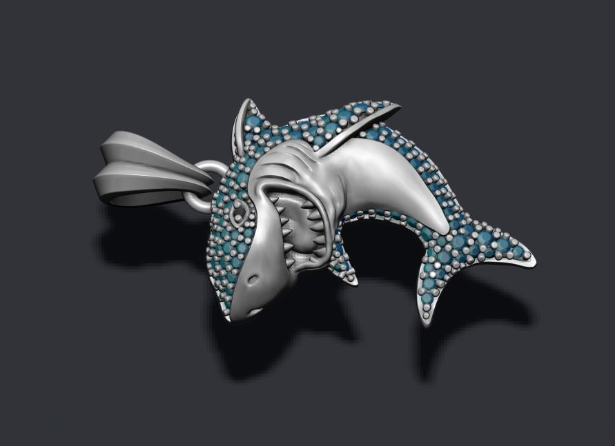 Shark pendant basrelief with gems 3D print model_1