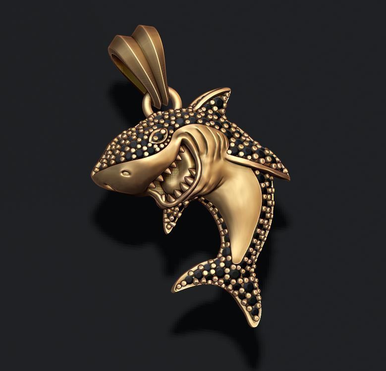 Shark pendant basrelief with gems 3D print model_5