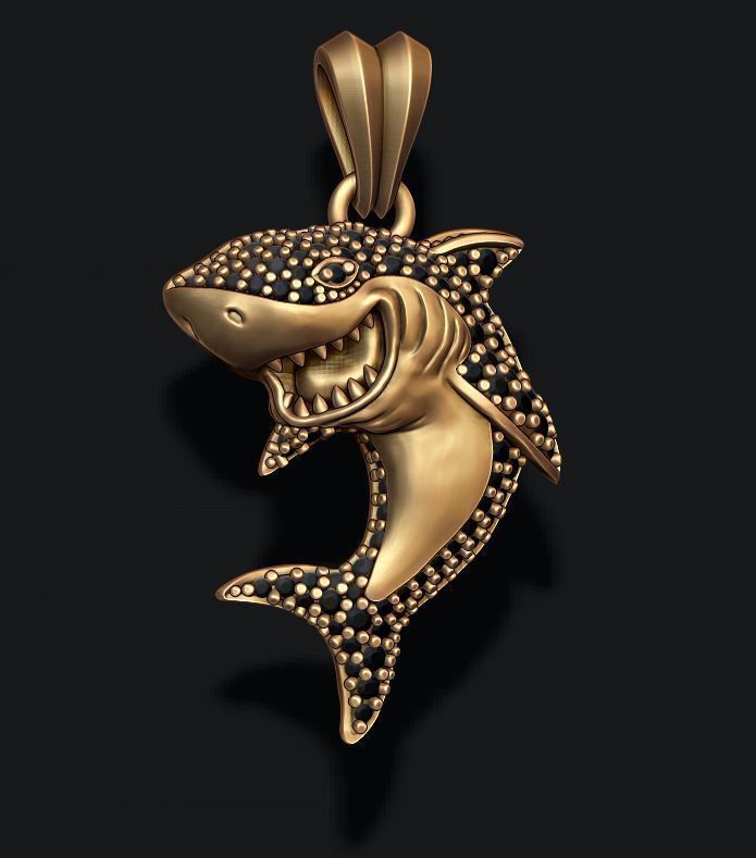 Shark pendant basrelief with gems 3D print model_2
