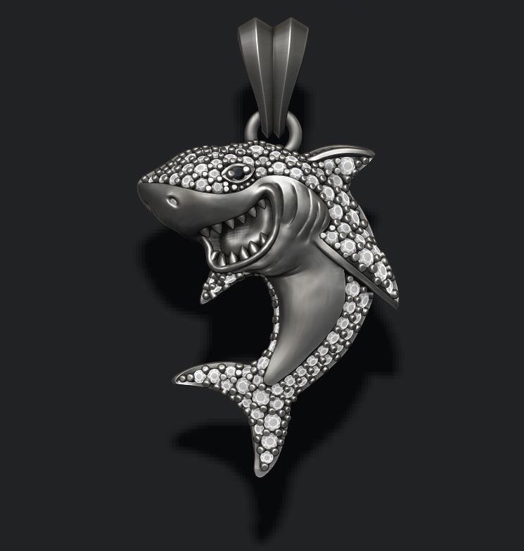 Shark pendant basrelief with gems 3D print model_3