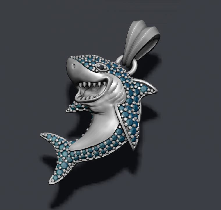 Shark pendant basrelief with gems 3D print model_4