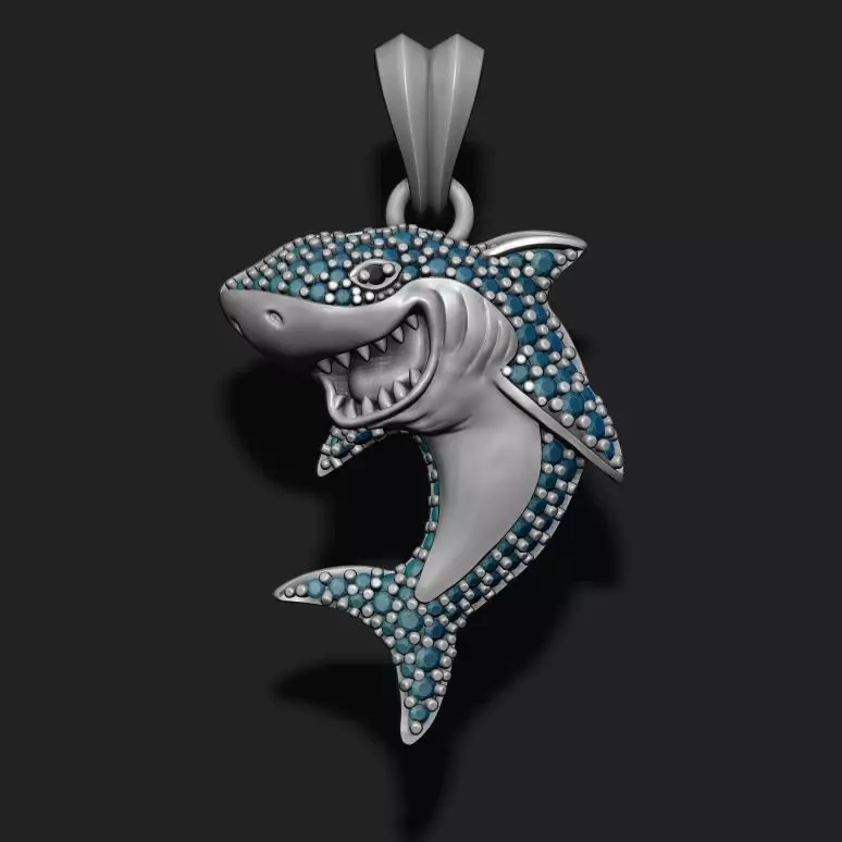 Shark pendant basrelief with gems 3D print model_0