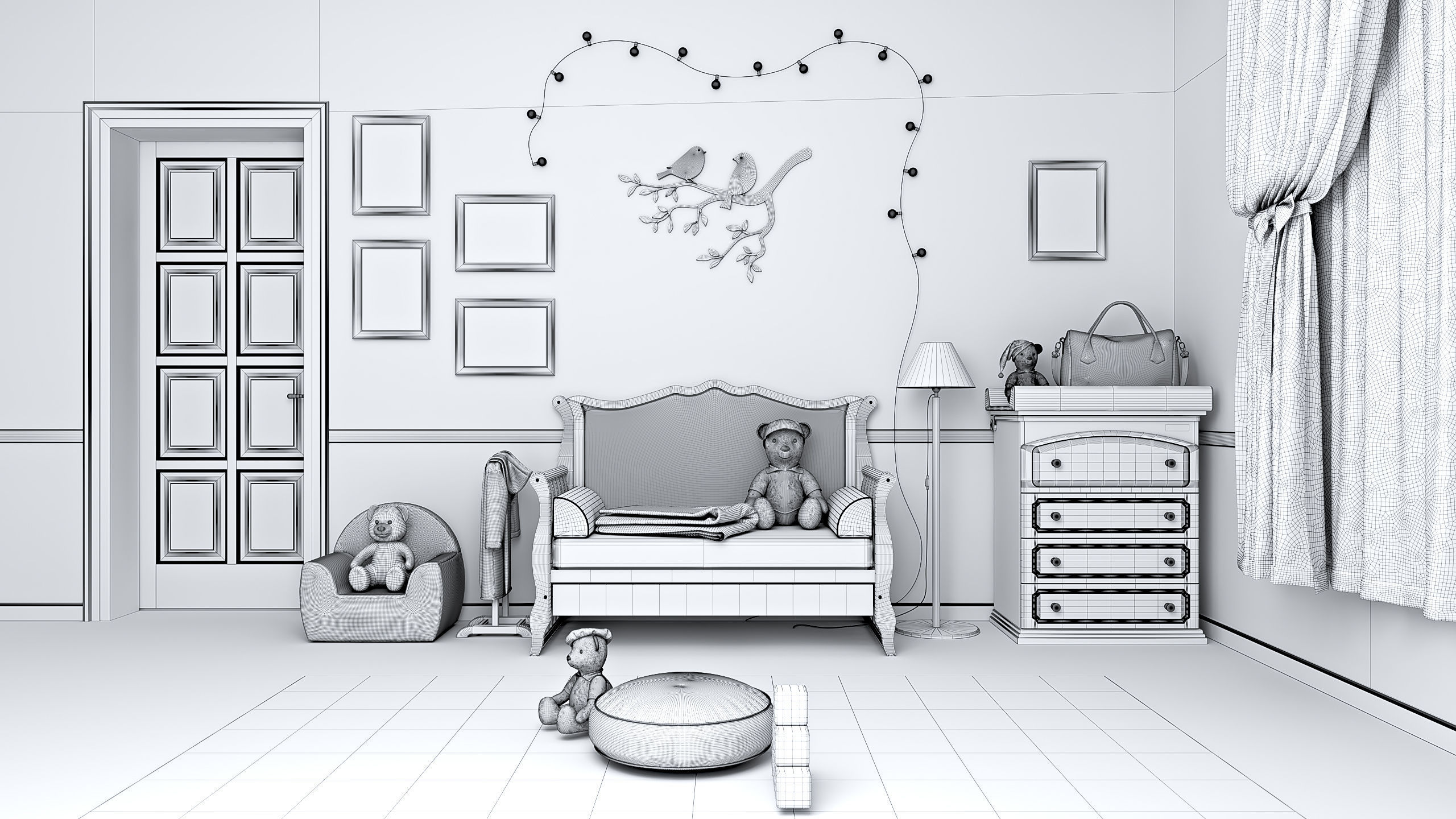 Childrens furniture set Azzurra Rinascimento antique white 3D model_3