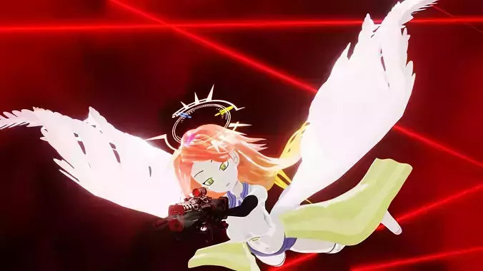 Jibril anime girl with wings and gun