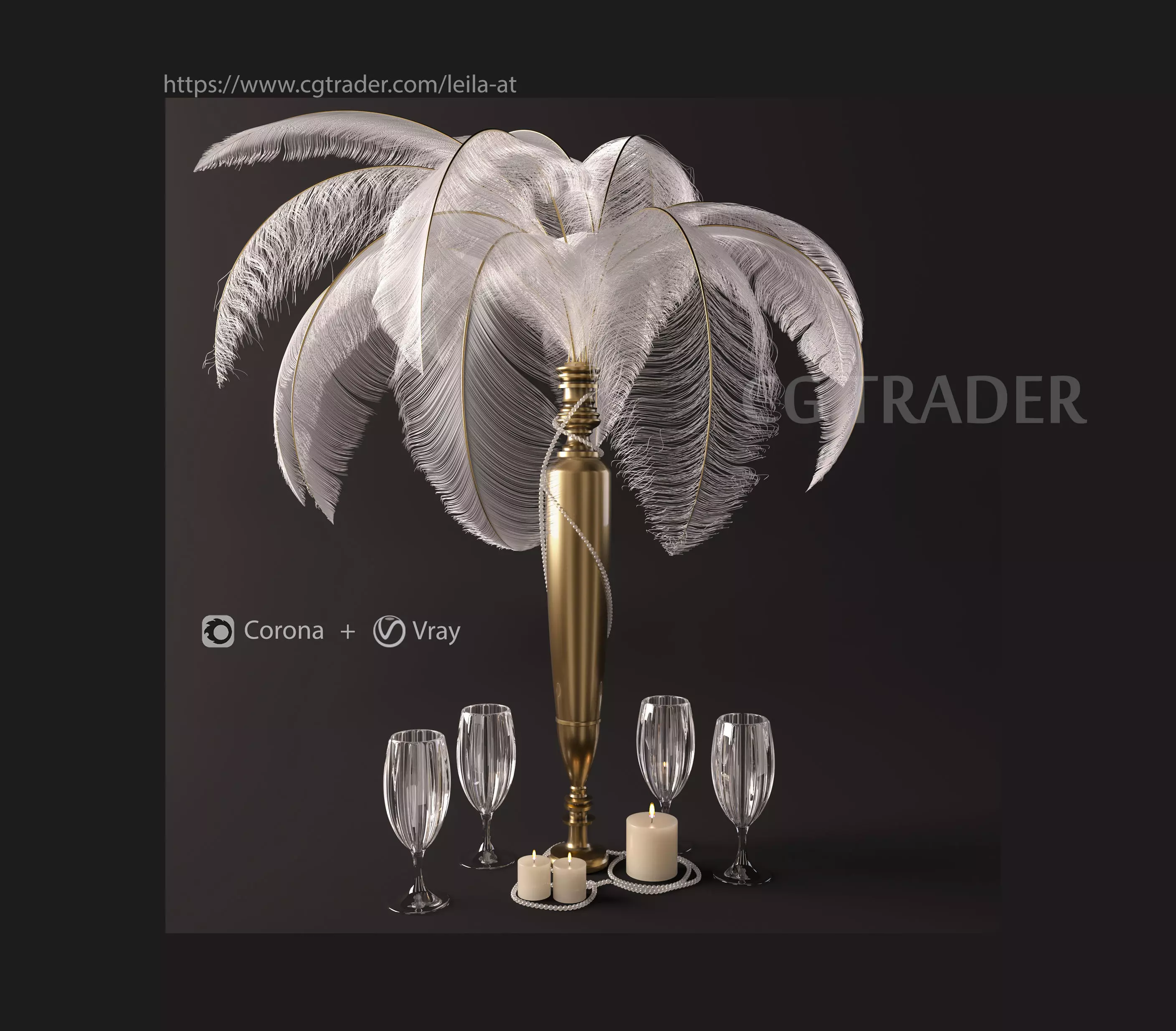 Decorative set A gold and feathered centerpiece with wine gla... 3D model