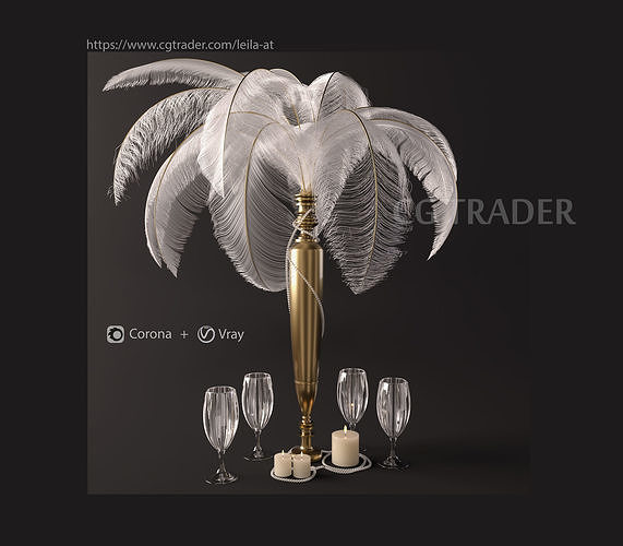 Decorative set A gold and feathered centerpiece with wine gla... 3D model
