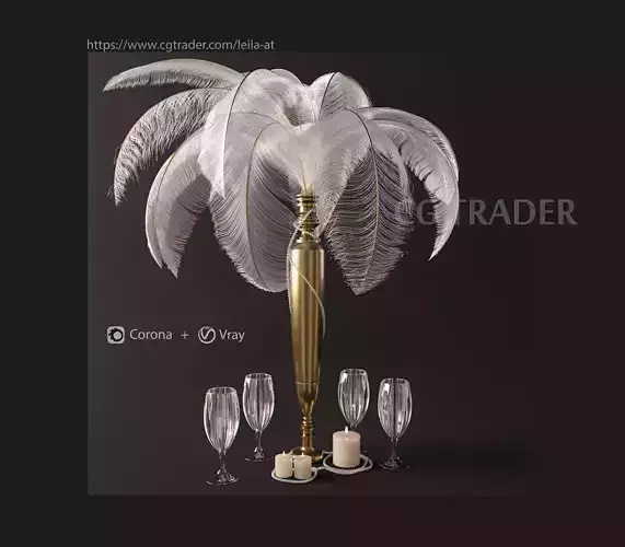 Decorative set A gold and feathered centerpiece with wine glasses