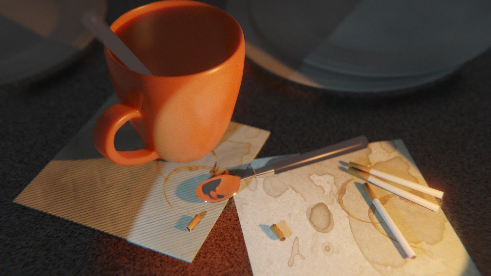 Teacup and cigarette scene Low-poly 3D model_2