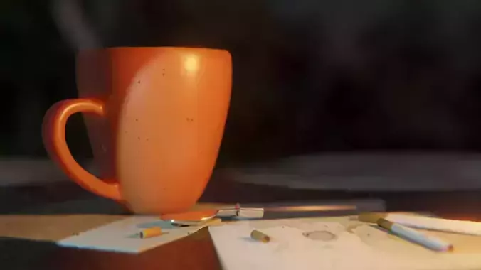 Teacup and cigarette scene Low-poly 3D model