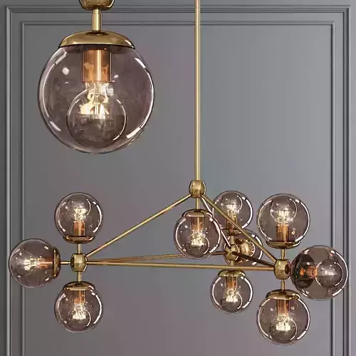 Modo 3 Sided Chandelier 10 Globes Brushed Brass and Smoke Glass