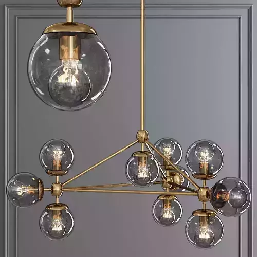 Modo 3 Sided Chandelier 10 Globes Brushed Brass and Gray Glass