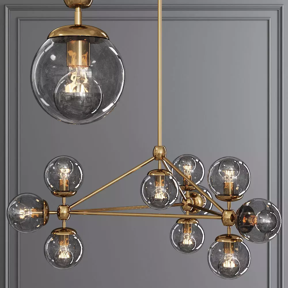 Modo 3 Sided Chandelier 10 Globes Brushed Brass and Gray Glass 3D model_0
