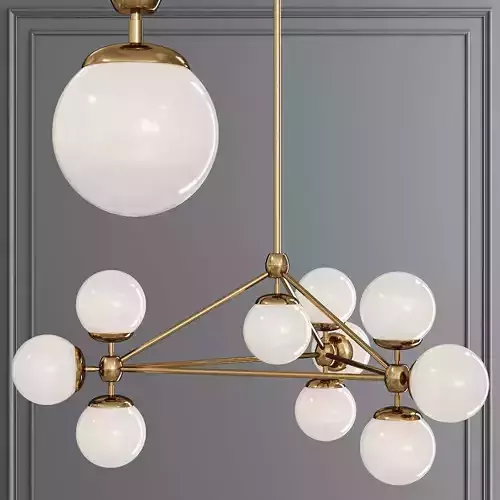 Modo 3 Sided Chandelier 10 Globes Brushed Brass and Cream Glass