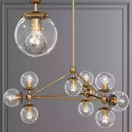 Modo 3 Sided Chandelier 10 Globes Brushed Brass and Clear Glass