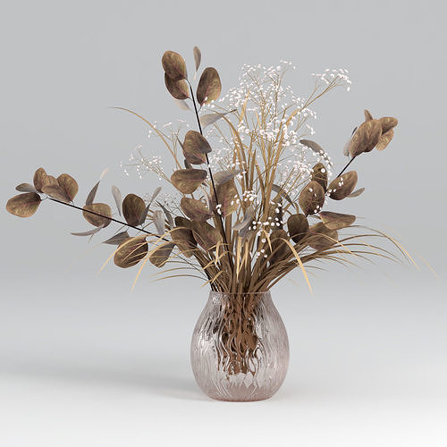 Bouquets of dried eucalyptus with flowers and grass 3D model