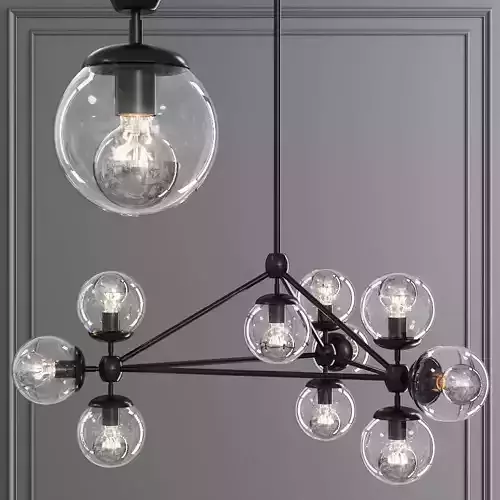 Modo 3 Sided Chandelier 10 Globes Black and Clear Glass
