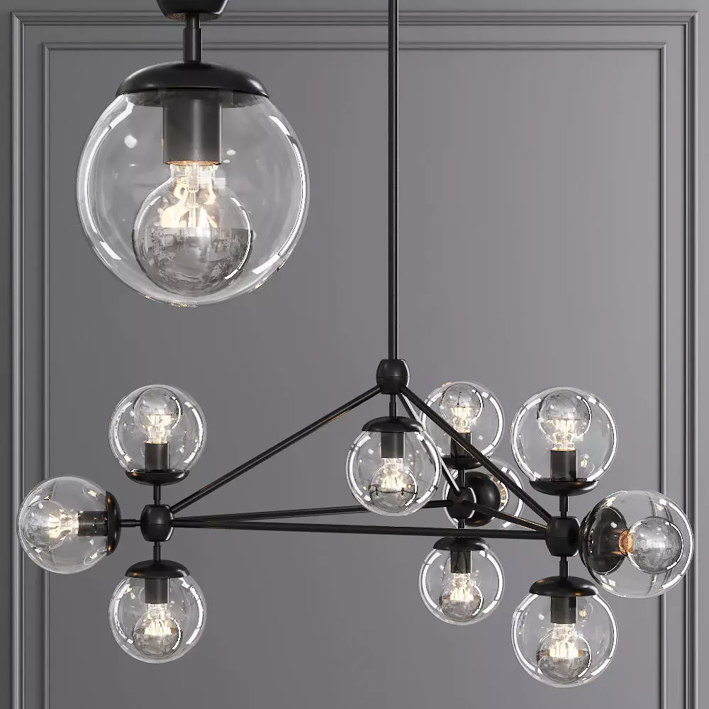 Modo 3 Sided Chandelier 10 Globes Black and Clear Glass 3D model_0