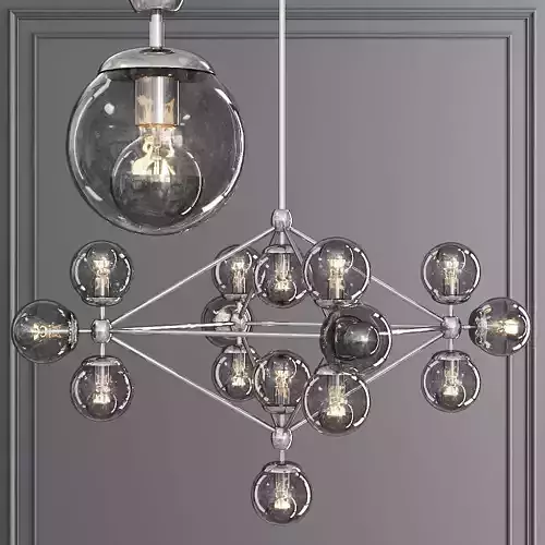 Modo 4 Sided Chandelier 15 Globes Polished Nickel and Gray Glass