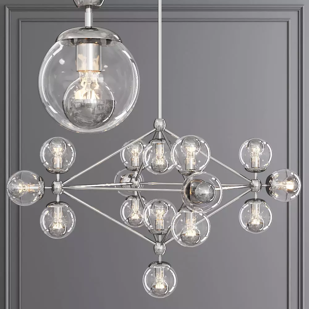 Modo 4 Sided Chandelier 15 Globes Nickel and Clear Glass 3D model_0