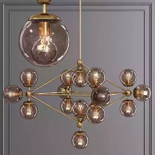 Modo 4 Sided Chandelier 15 Globes Brushed Brass and Smoke Glass