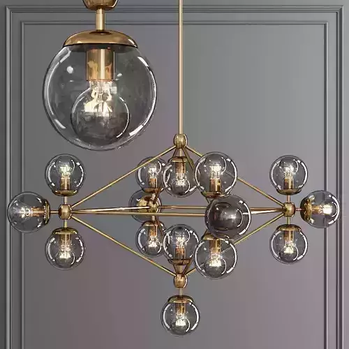 Modo 4 Sided Chandelier 15 Globes Brushed Brass and Gray Glass