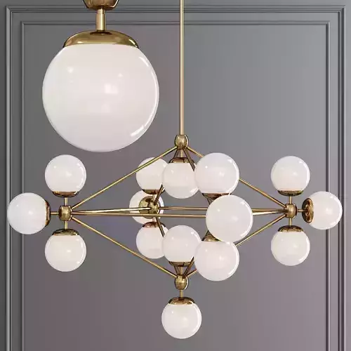 Modo 4 Sided Chandelier 15 Globes Brushed Brass and Cream Glass