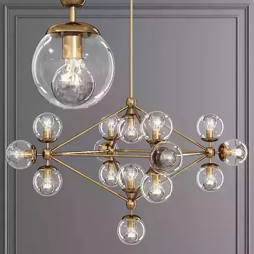 Modo 4 Sided Chandelier 15 Globes Brushed Brass and Clear Glass
